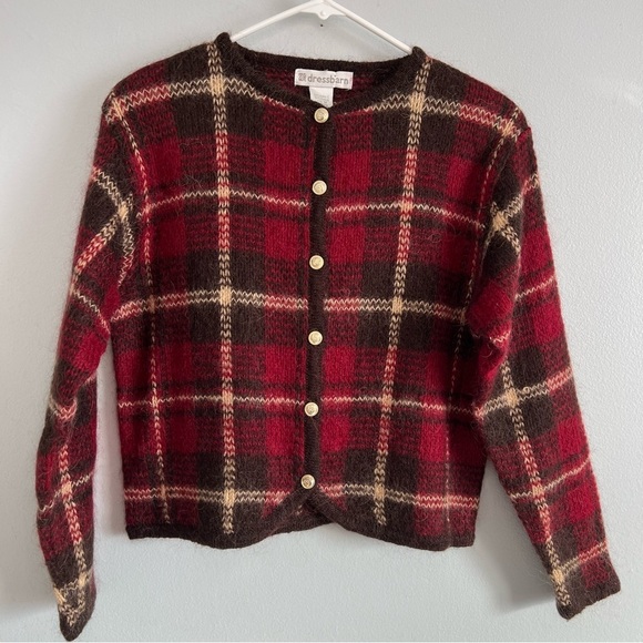 Vintage Dressbarn Mohair Blend Golden Button Up Cardigan Sz M Plaid Academia - Picture 1 of 9